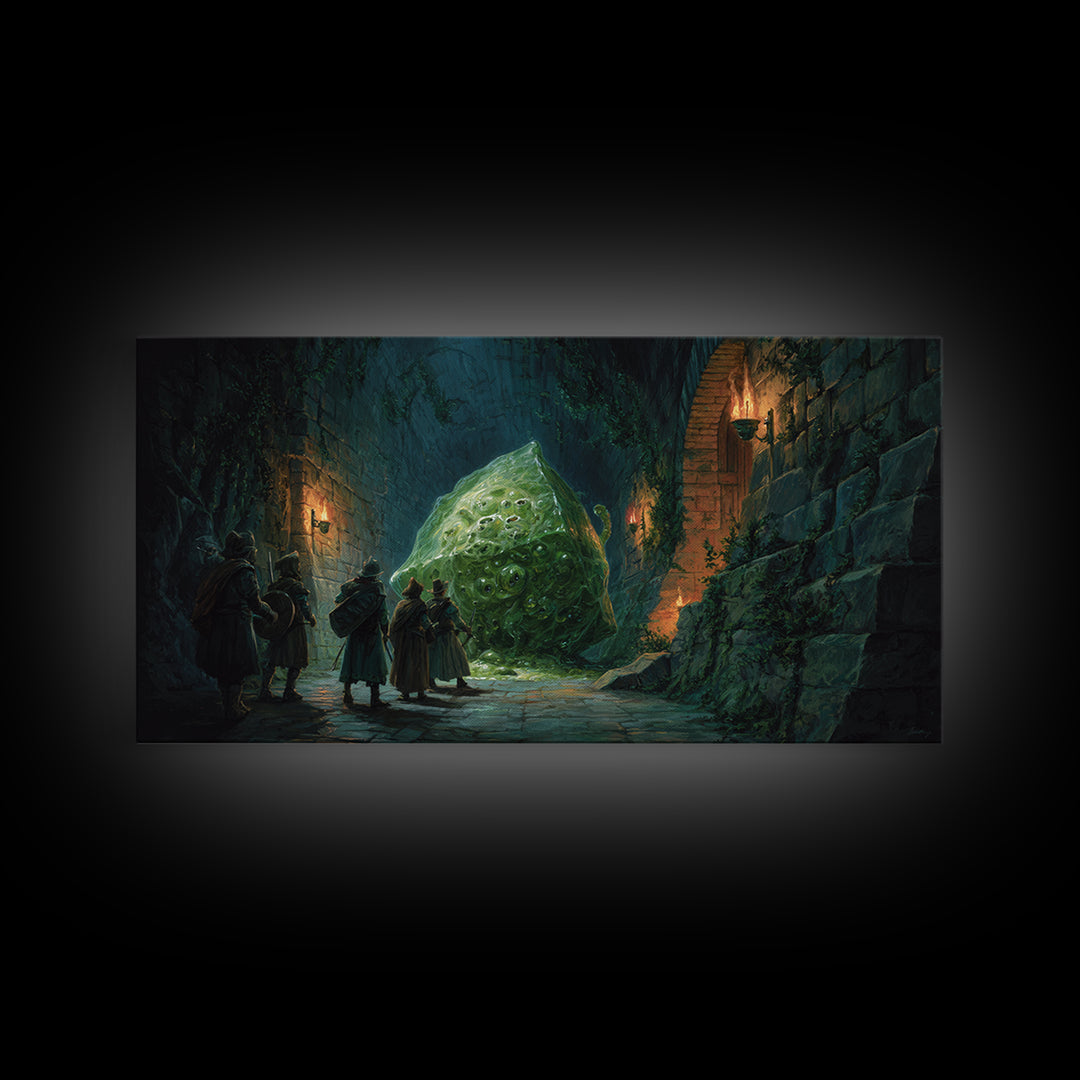 Adventurers Face A Green Slime Monster Canvas Print, Fantasy Art, Dungeon Wall Decor, Dnd Art Print, Gaming Room Decor, Gift