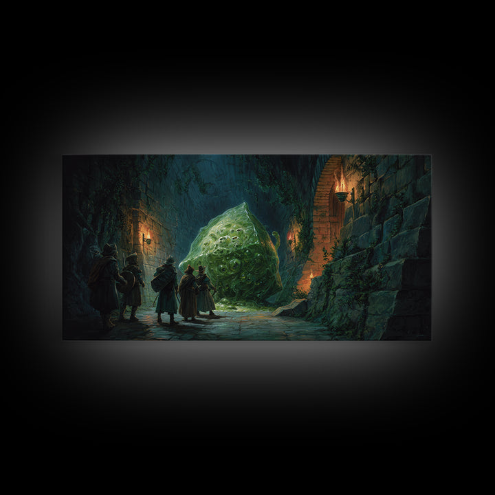 Adventurers Face A Green Slime Monster Canvas Print, Fantasy Art, Dungeon Wall Decor, Dnd Art Print, Gaming Room Decor, Gift