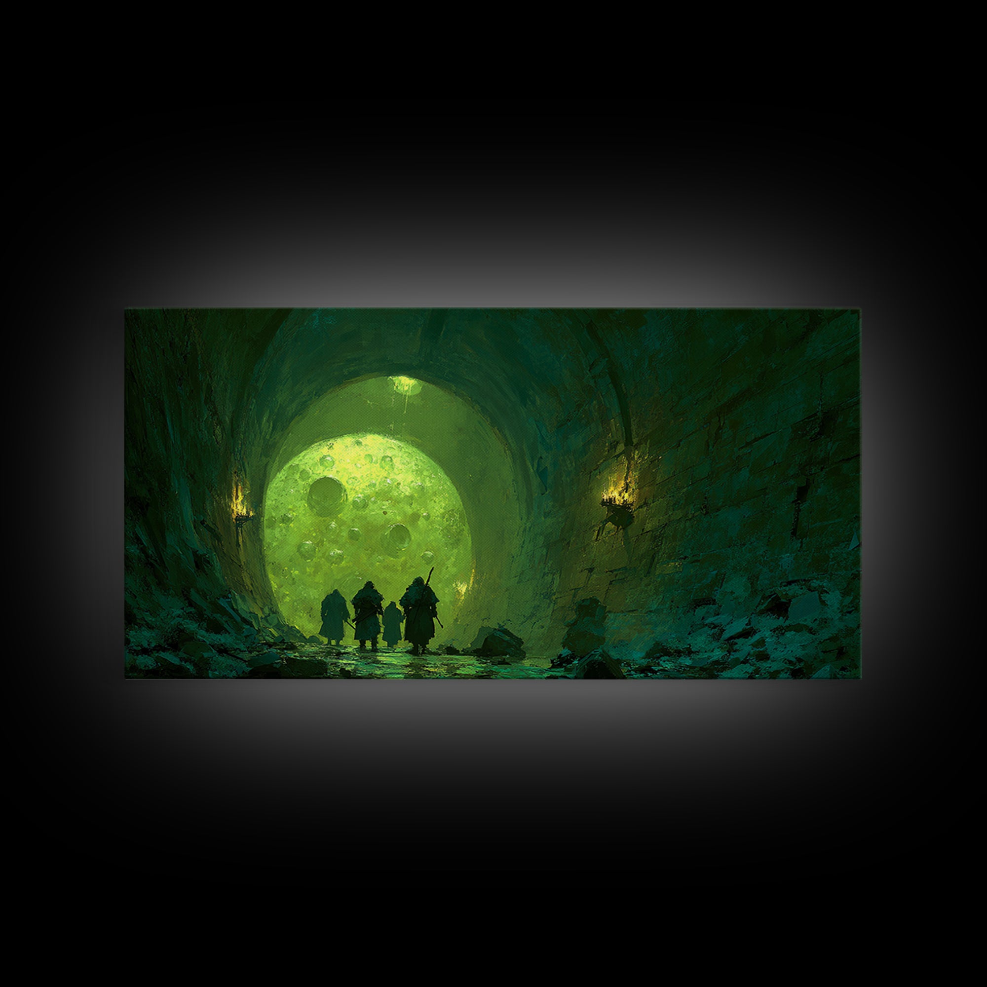 Glowing Green Moon Tunnel Wall Art, Dark Fantasy Landscape, Dungeon Decor, Whimsical Art Print, Gaming Room Wall Decor, Gift