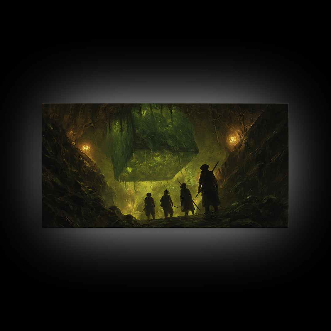 Adventurers Discover Floating Green Cube Canvas Print, Fantasy Cavern Wall Art, Dnd Decor, Gaming Room Art, Unique Gift Idea