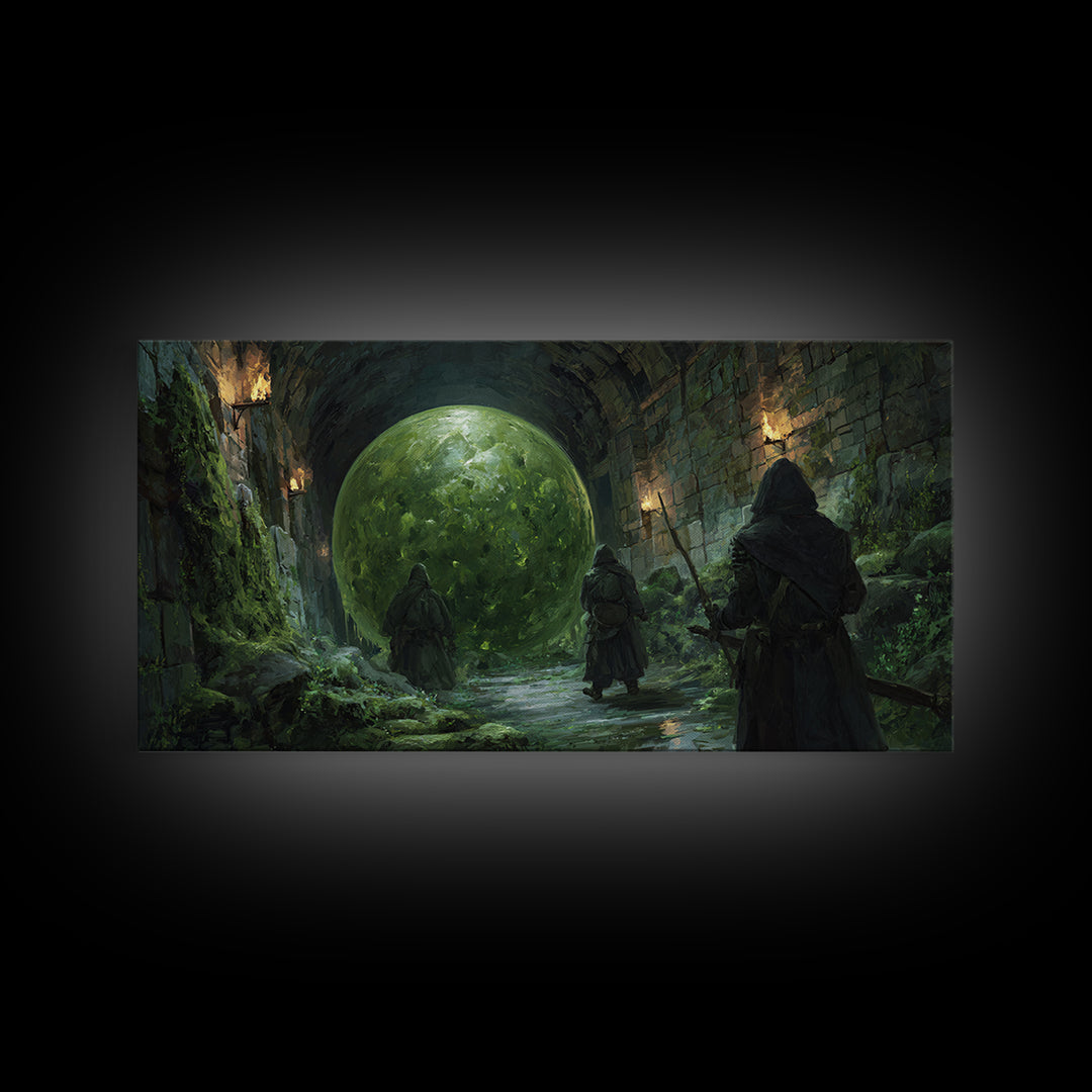 Cloaked Rangers Approach Green Orb Framed Canvas Print, Fantasy Dungeon Wall Art, Gothic Decor, Dnd Art, Gaming Room Decor