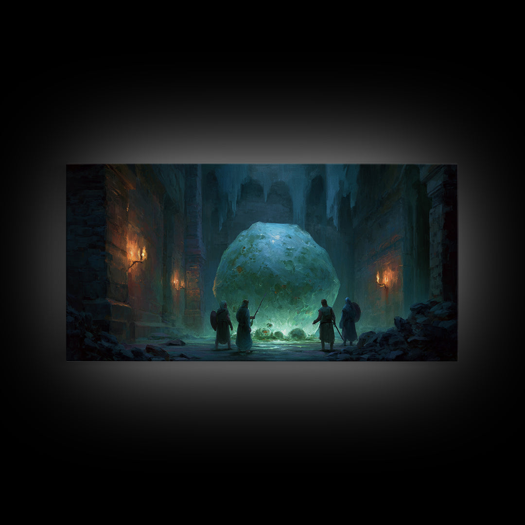 Icy Ruins With Glowing Blue Orb Wall Art, Fantasy Dungeon Landscape, Dark Academia Decor, Dnd Art Print, Gaming Room Art