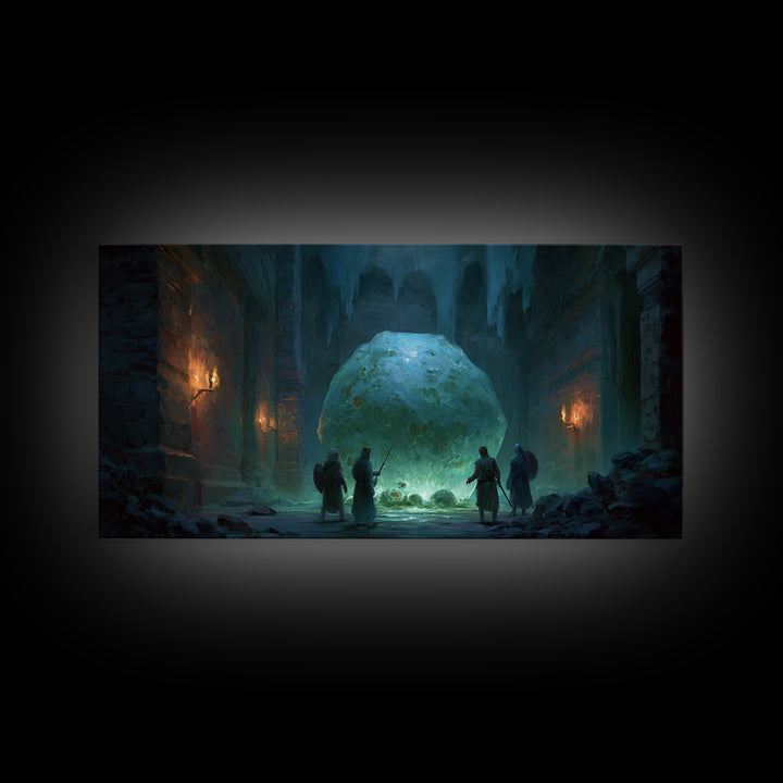 Icy Ruins With Glowing Blue Orb Wall Art, Fantasy Dungeon Landscape, Dark Academia Decor, Dnd Art Print, Gaming Room Art