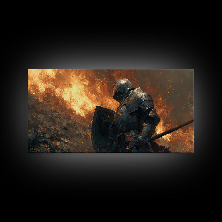 Armored Knight In Blazing Battlefield Canvas Print, Medieval Fantasy Art, Warrior Wall Decor, Gothic Wall Art, Gift For Him