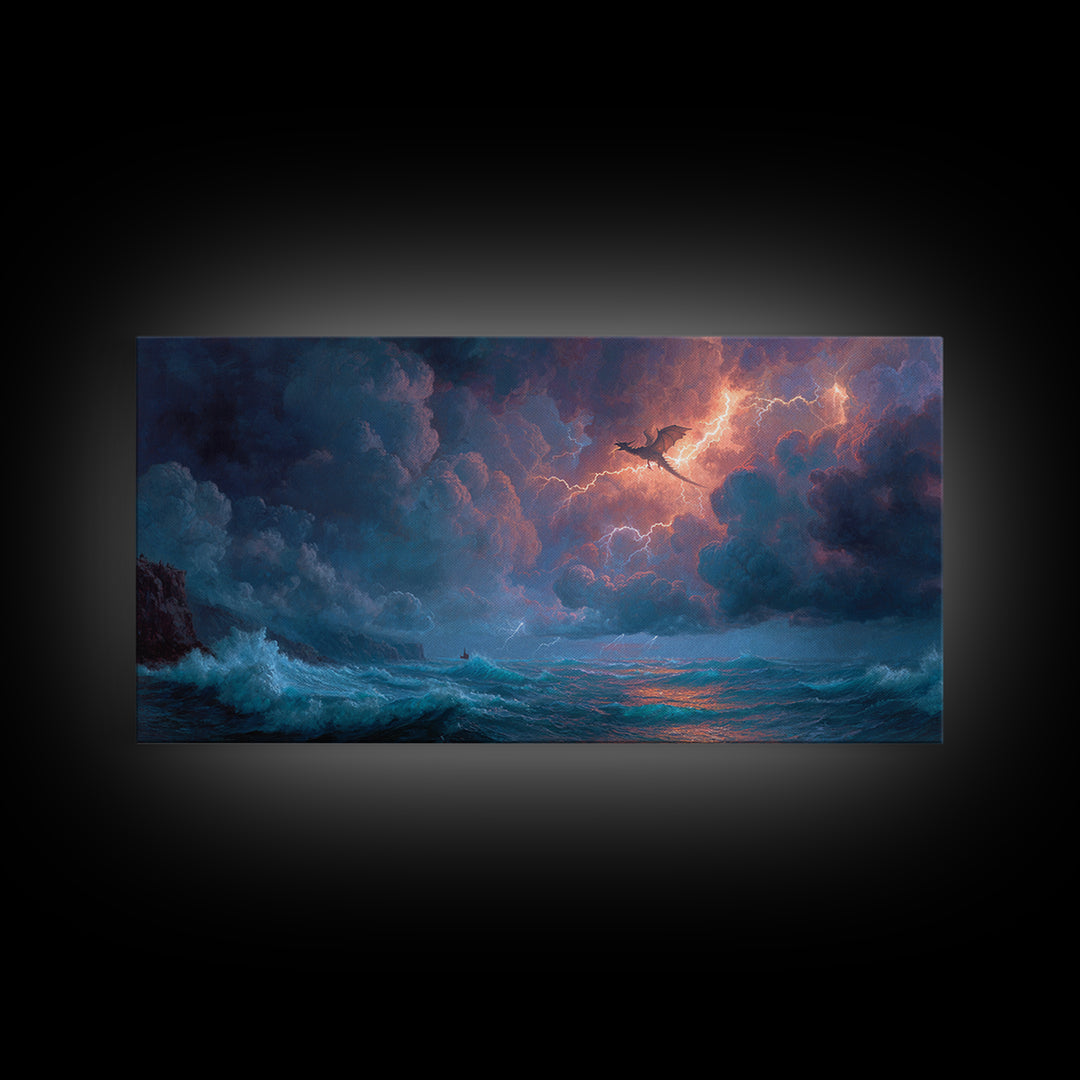Stormy Ocean Dragon And Lightning Wall Art, Fantasy Seascape, Nautical Decor, Coastal Wall Art, Dramatic Fine Art Print, Home Decor