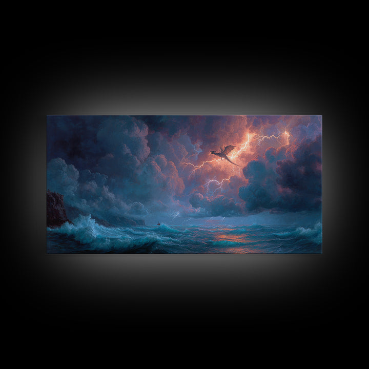 Stormy Ocean Dragon And Lightning Wall Art, Fantasy Seascape, Nautical Decor, Coastal Wall Art, Dramatic Fine Art Print, Home Decor