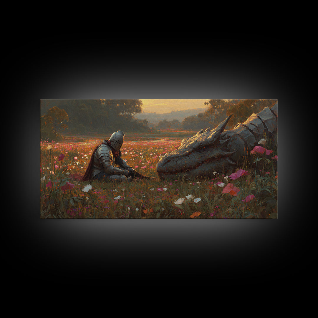 Resting Knight And Sleeping Dragon In Wildflower Meadow Framed Canvas Print, Fantasy Wall Art, Medieval Home Decor, Gift For Her