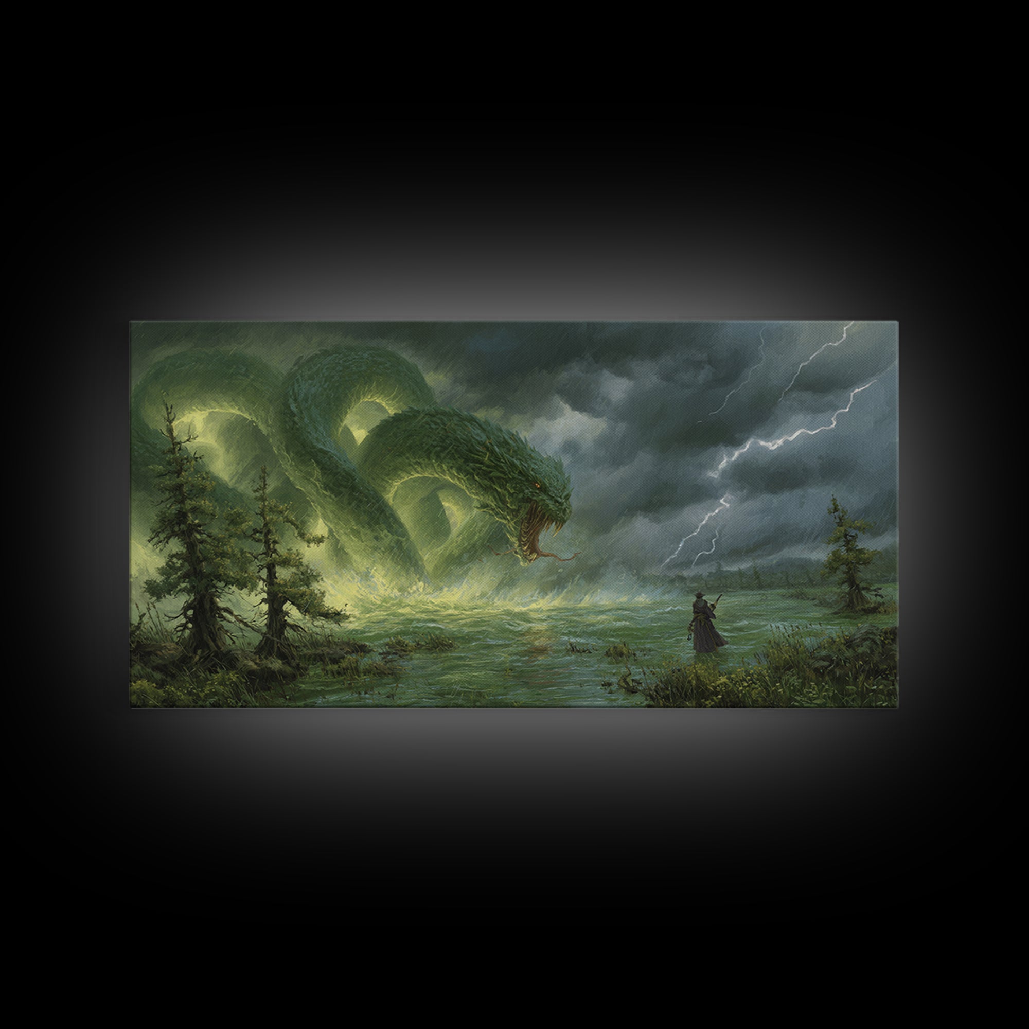 Giant Emerald Serpent In Stormy Marsh Canvas Print, Fantasy Wall Art, Dragon Artwork, Dark Academia Home Decor, Mystical Wall Decor