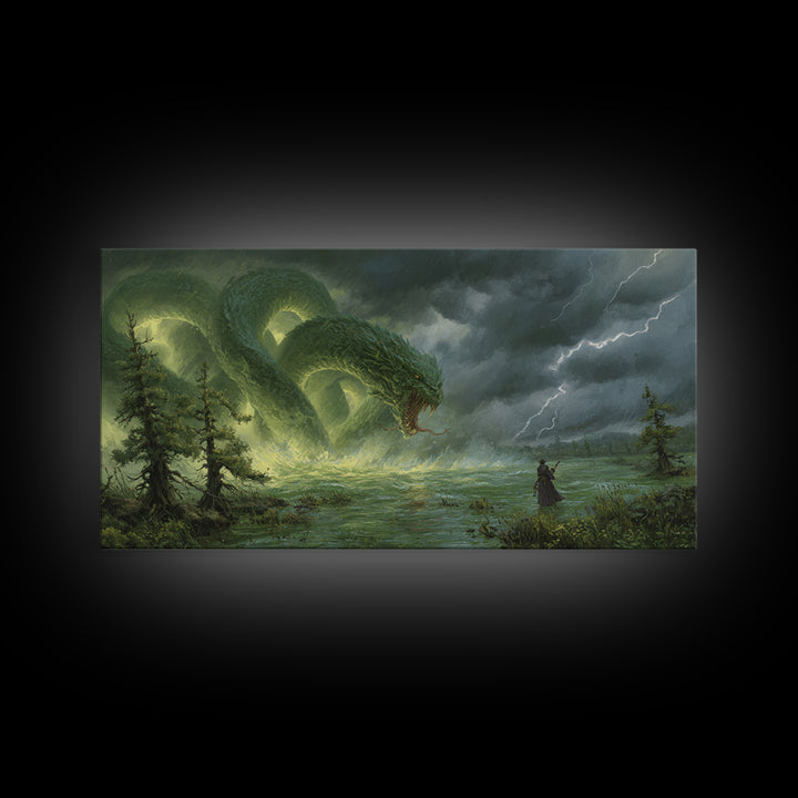 Giant Emerald Serpent In Stormy Marsh Canvas Print, Fantasy Wall Art, Dragon Artwork, Dark Academia Home Decor, Mystical Wall Decor