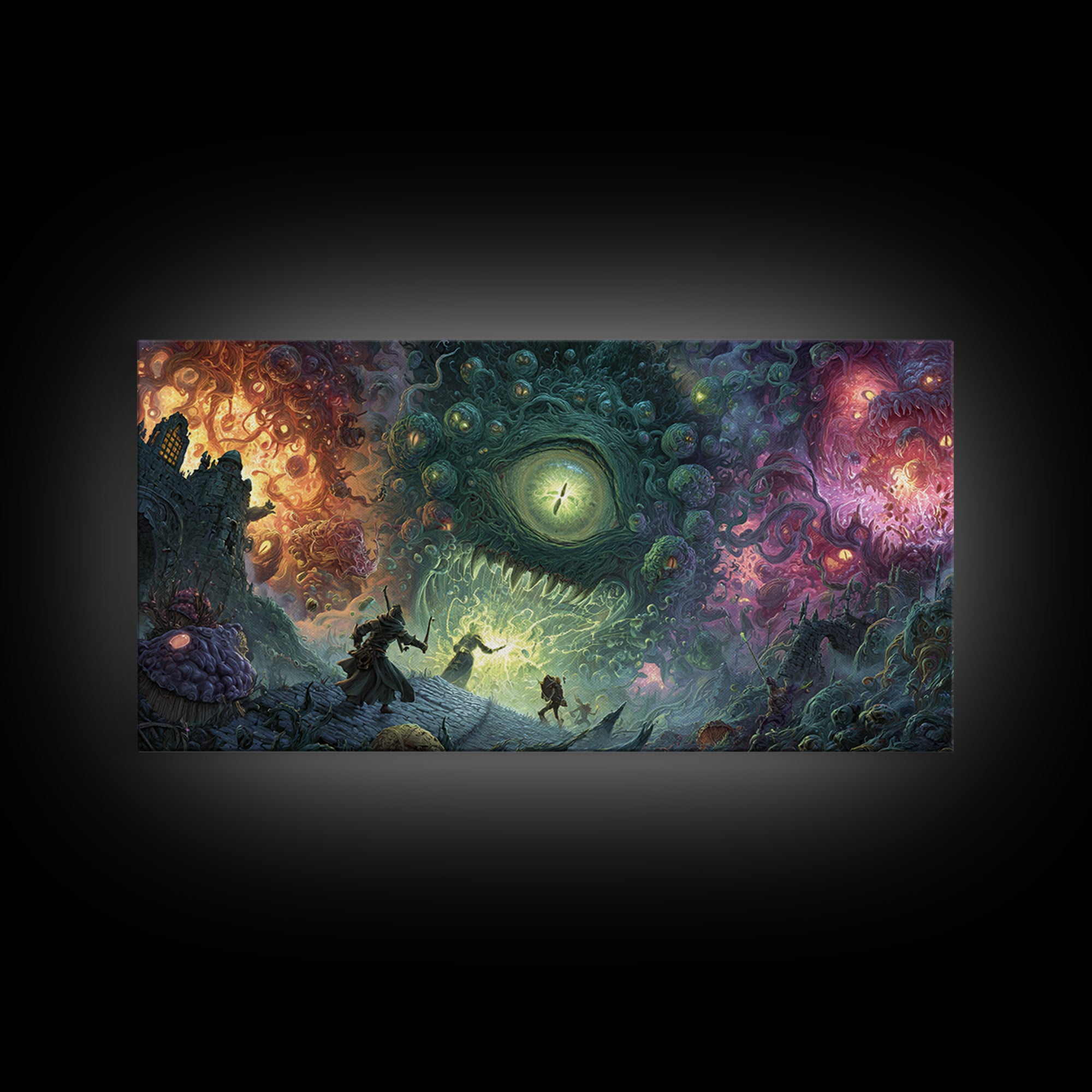 Adventurers Facing Cosmic Portal Monster Canvas Print, Surreal Fantasy Wall Art, Lovecraftian Game Room Decor Gift For Him