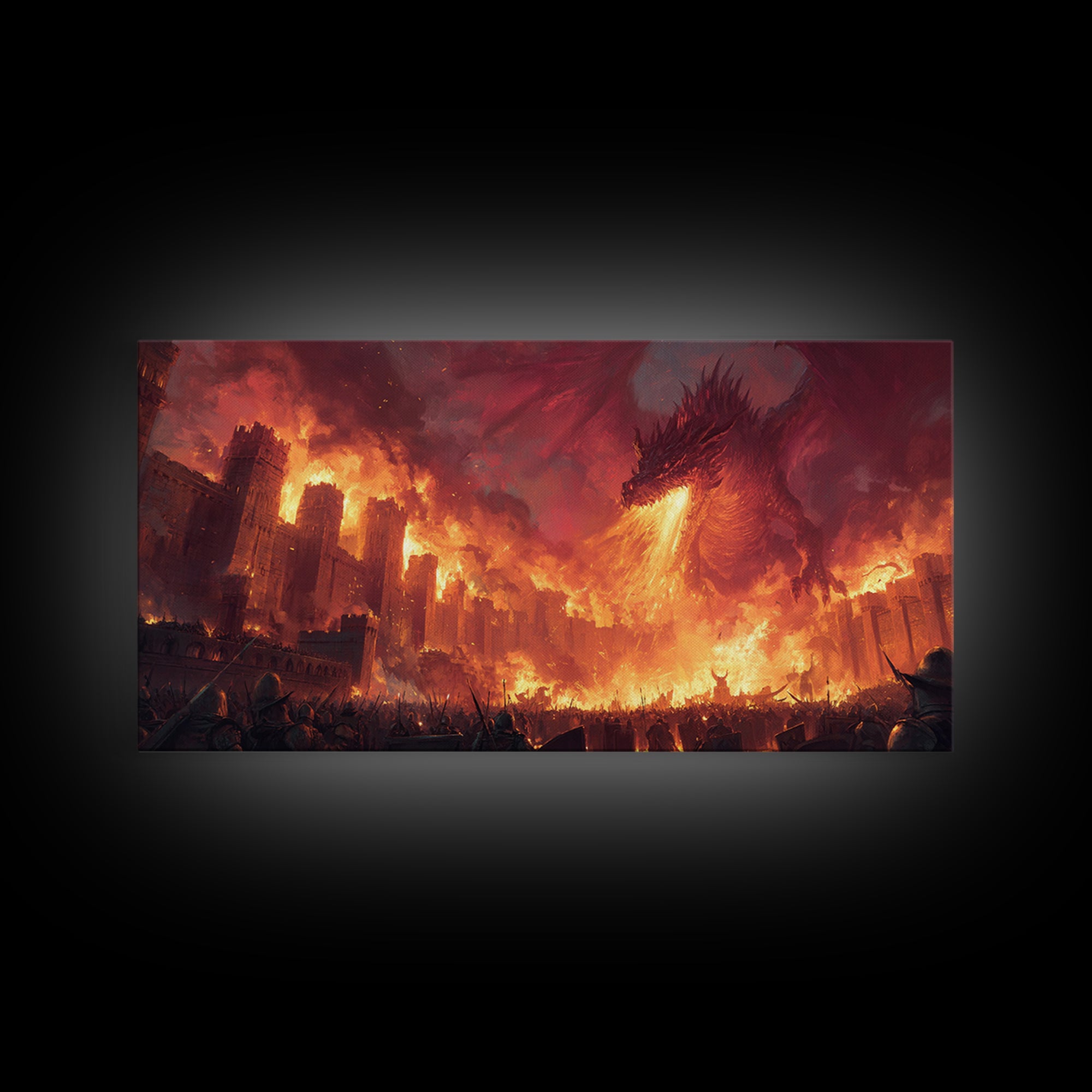 Fire Dragon Attacking Burning Castle City Framed Canvas Print, Dark Fantasy Wall Art, Medieval Battle Home Decor Gift For Him
