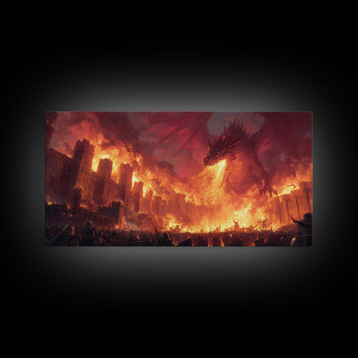 Fire Dragon Attacking Burning Castle City Framed Canvas Print, Dark Fantasy Wall Art, Medieval Battle Home Decor Gift For Him