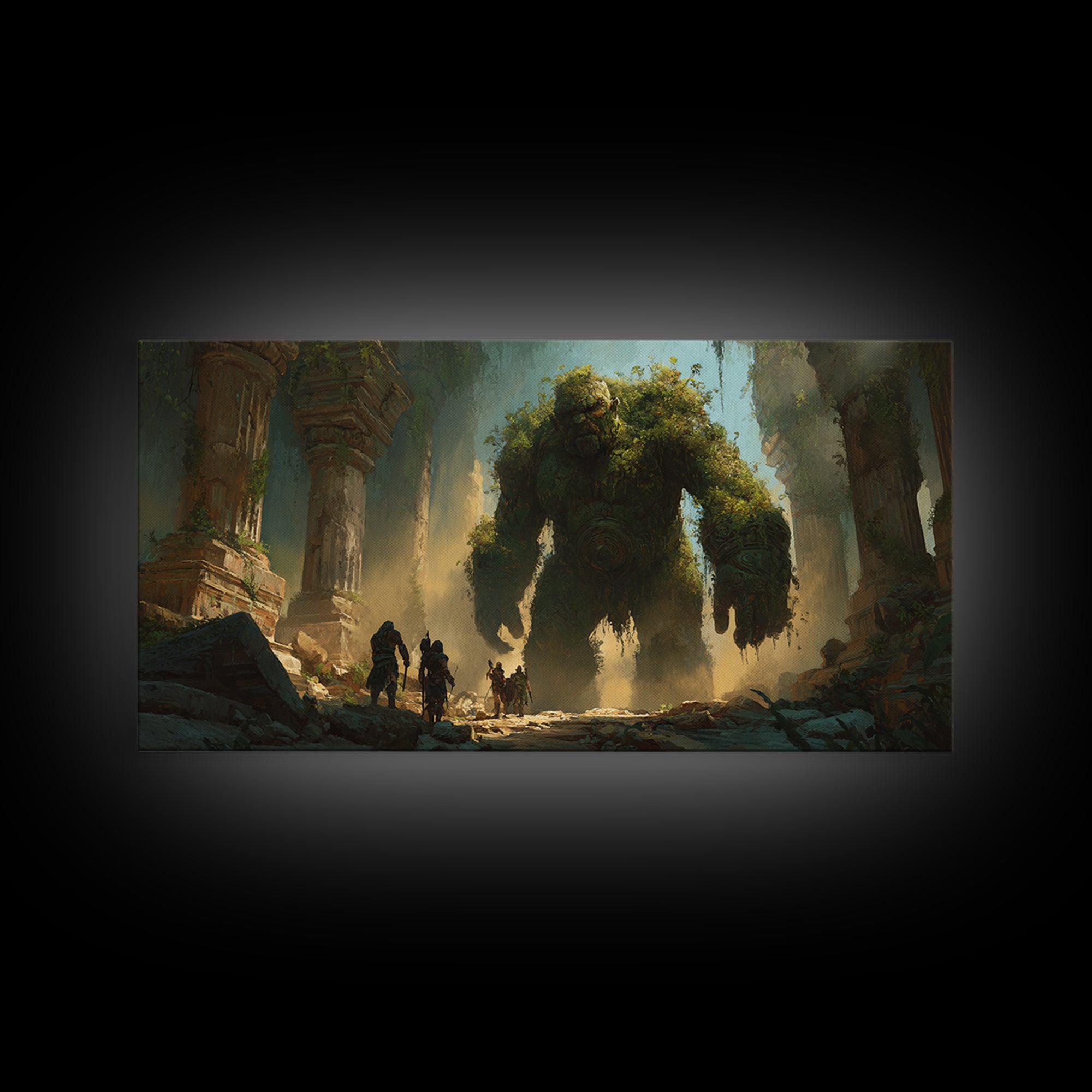 Ancient Moss Giant In Overgrown Temple Ruins Canvas Print, Fantasy Wall Art, Mythical Adventure Home Decor Gift For Gamer