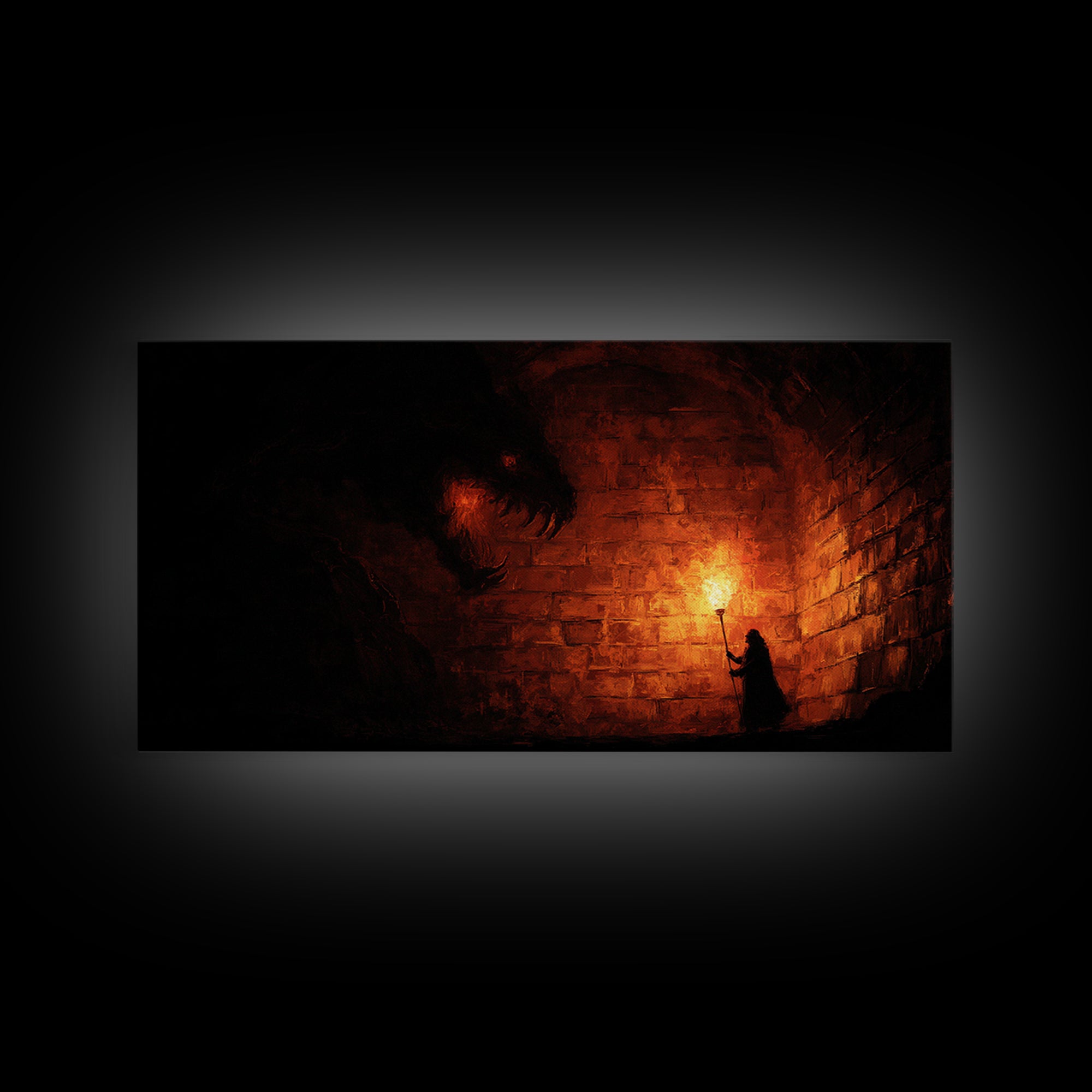 Cloaked Figure With Torch Facing Dungeon Beast Canvas Print, Gothic Wall Art, Dark Fantasy Creepy Horror Decor Gift For Him