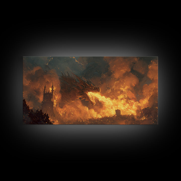 Red Dragon Breathing Fire Over War Torn Kingdom Framed Canvas Print, Epic Fantasy Wall Art, Medieval Castle Decor Gift For Him