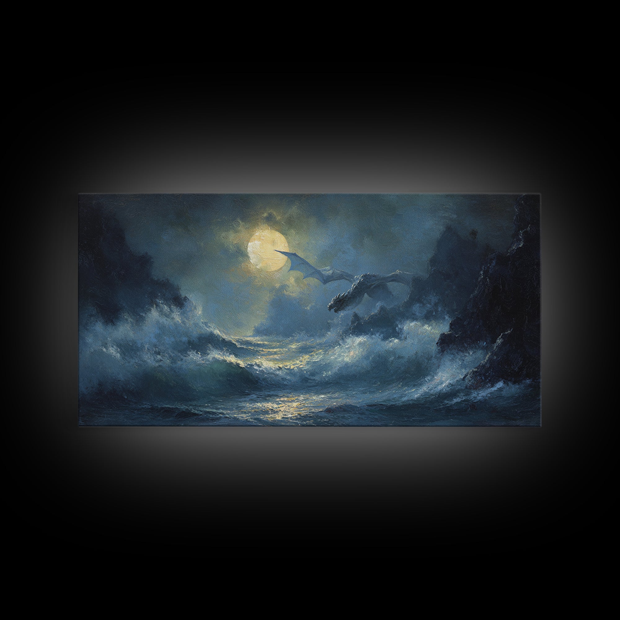 Moonlit Dragons Flying Over Stormy Ocean Waves Canvas Print, Fantasy Seascape Wall Art, Coastal Gothic Bedroom Decor Gift