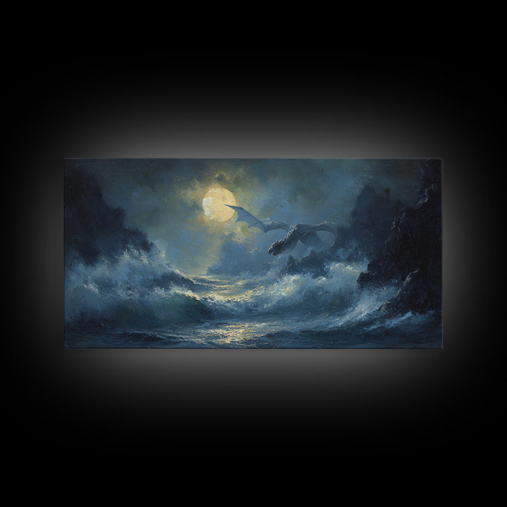 Moonlit Dragons Flying Over Stormy Ocean Waves Canvas Print, Fantasy Seascape Wall Art, Coastal Gothic Bedroom Decor Gift