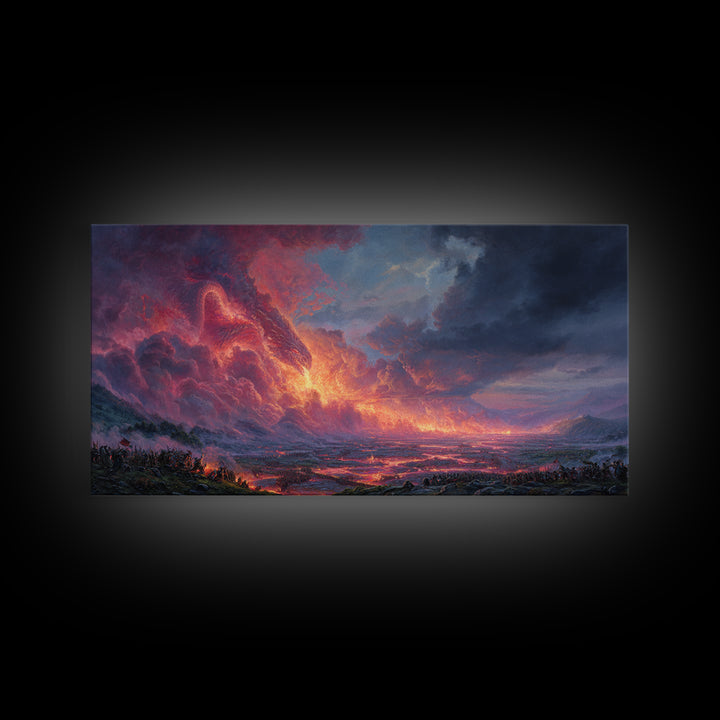 Glowing Lava Dragon Above Volcanic Valley Framed Canvas Print, Fantasy Landscape Wall Art, Dramatic Game Room Decor Gift For Him