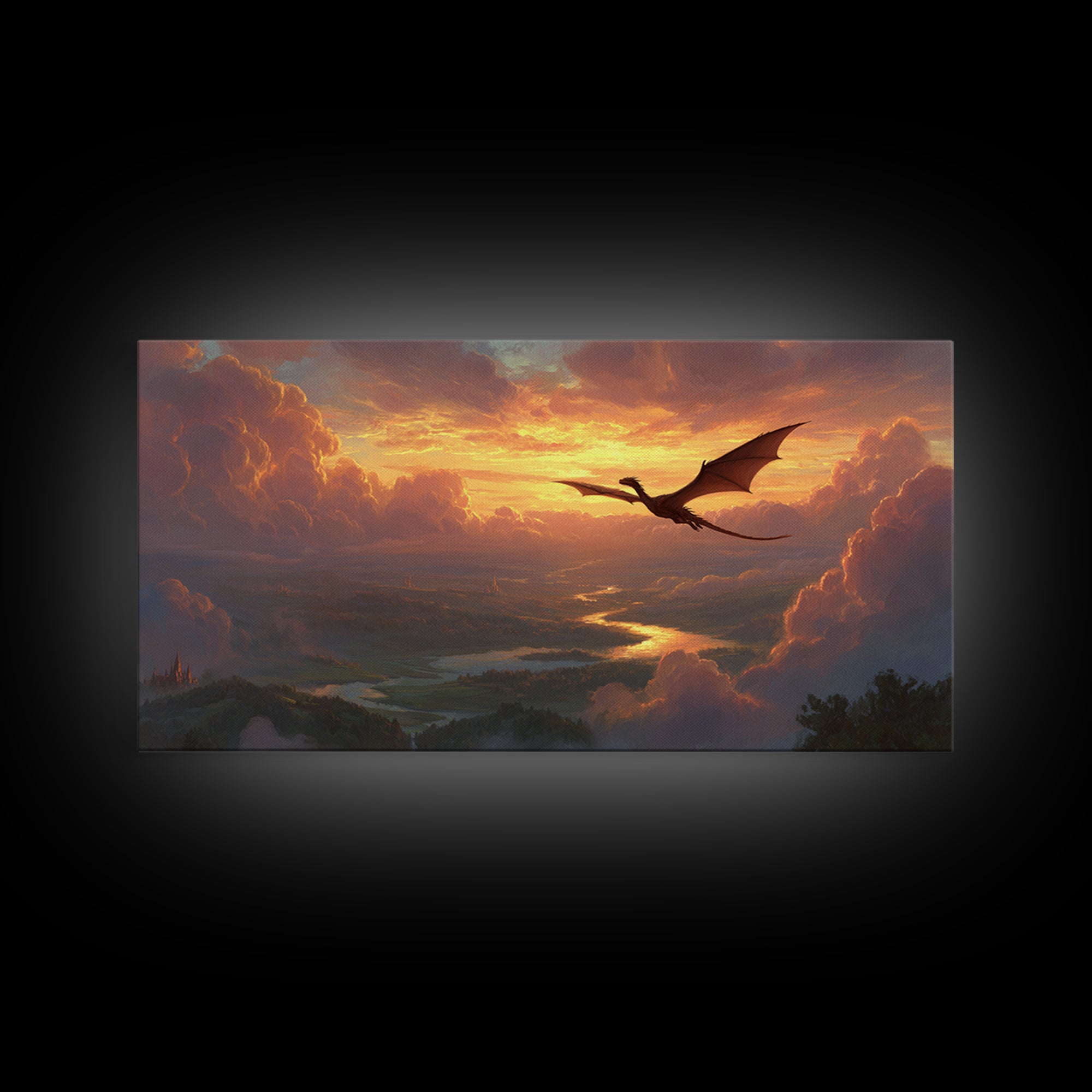 Sunset Dragon Over Golden River Valley Canvas Print, Fantasy Landscape Wall Art, Epic Castle Decor, Large Panoramic Artwork