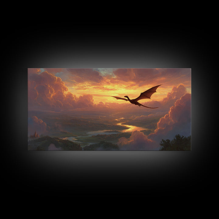 Sunset Dragon Over Golden River Valley Canvas Print, Fantasy Landscape Wall Art, Epic Castle Decor, Large Panoramic Artwork