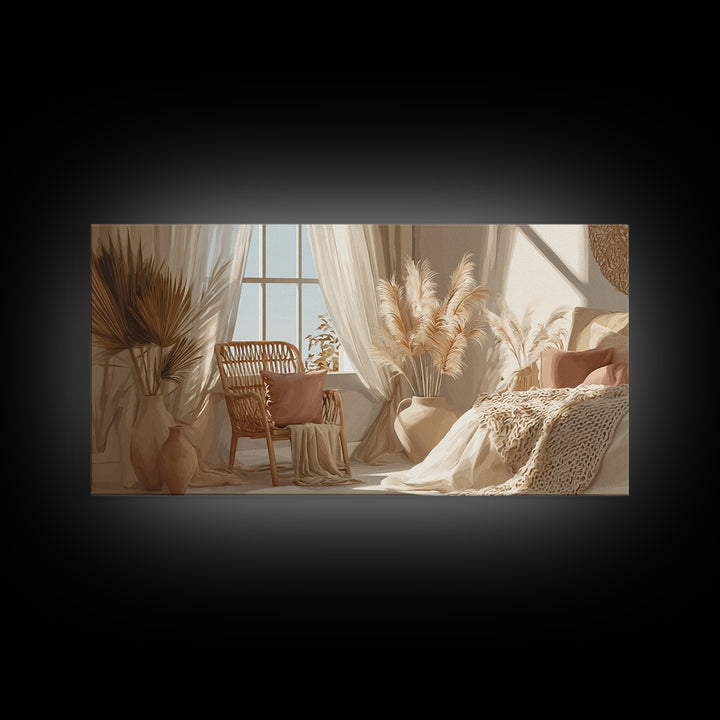 Sunlit Boho Bedroom With Pampas Grass Framed Canvas Print, Neutral Wall Art, Cozy Home Decor, Above Bed Decor Gift For Her