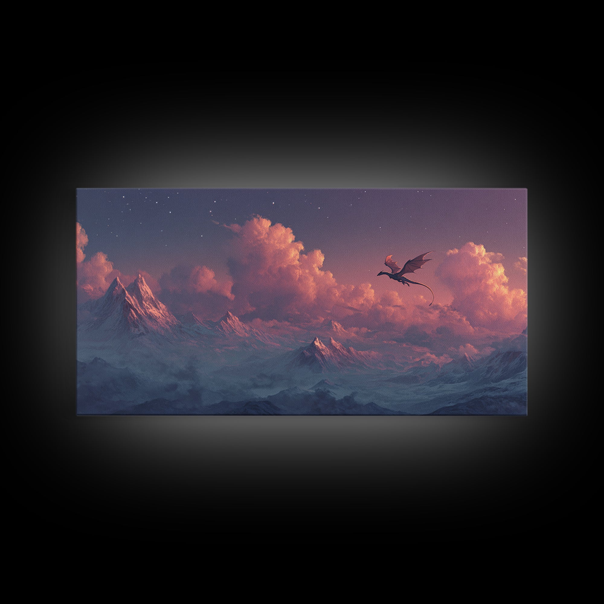 Twilight Dragon Above Snowy Mountains Framed Canvas Print, Fantasy Wall Art, Starry Sky Decor, Majestic Alpine Landscape