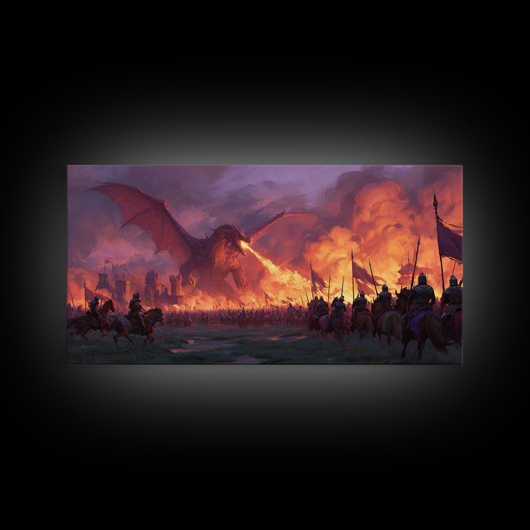 Fire Breathing Dragon Battlefield Canvas Print, Dark Fantasy Wall Art, Medieval Castle Decor, Epic Warrior Battle Scene Artwork