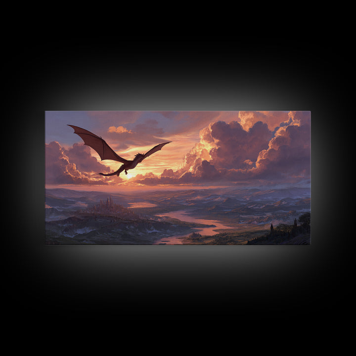 Black Dragon Gliding Above Sunset Kingdom Framed Canvas Print, Fantasy Landscape Wall Art, Castle Lake Decor, Epic Wall Decor