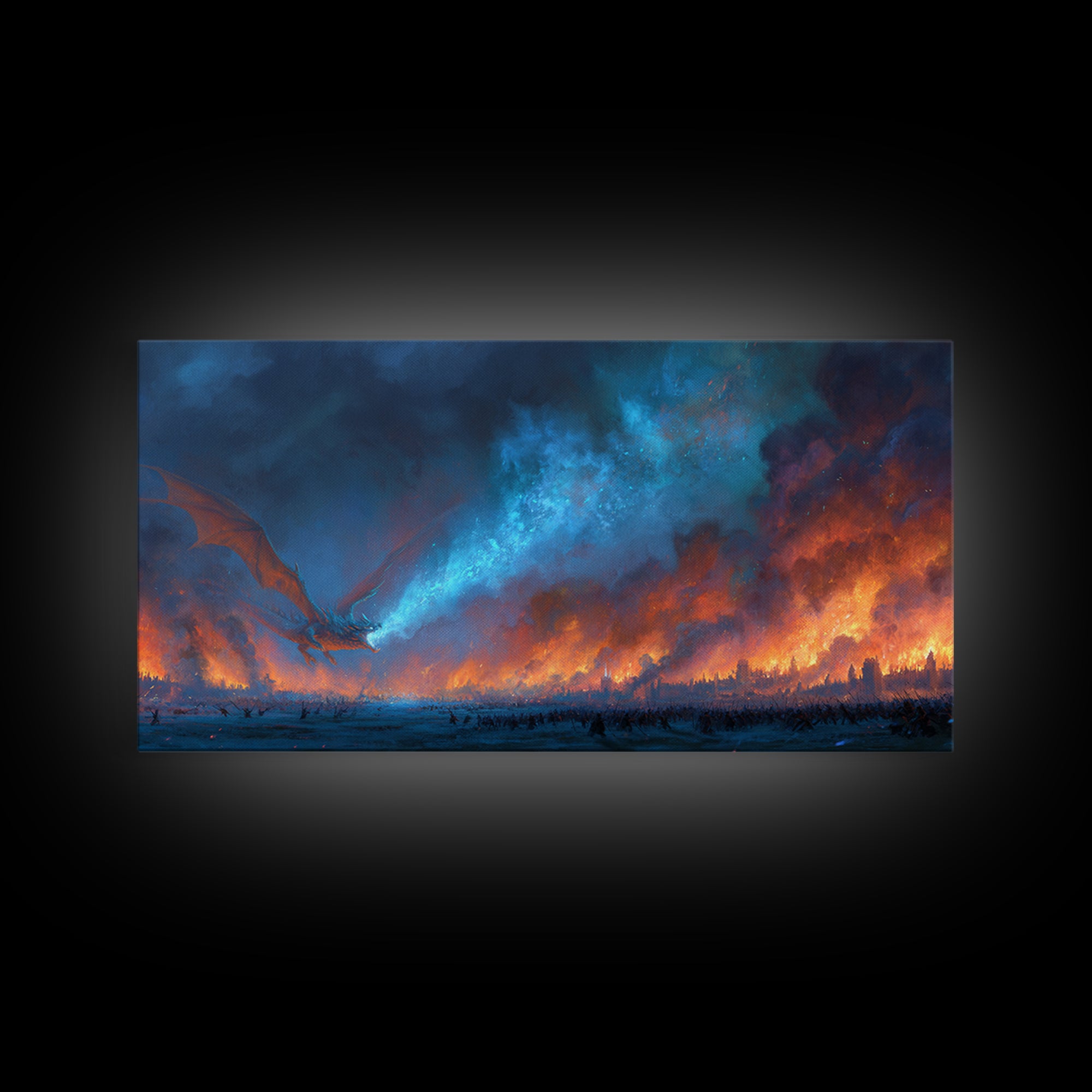 Blue Fire Dragon Over Burning Battlefield Canvas Print, Dark Fantasy Wall Art, Epic War Decor, Large Medieval Battle Artwork