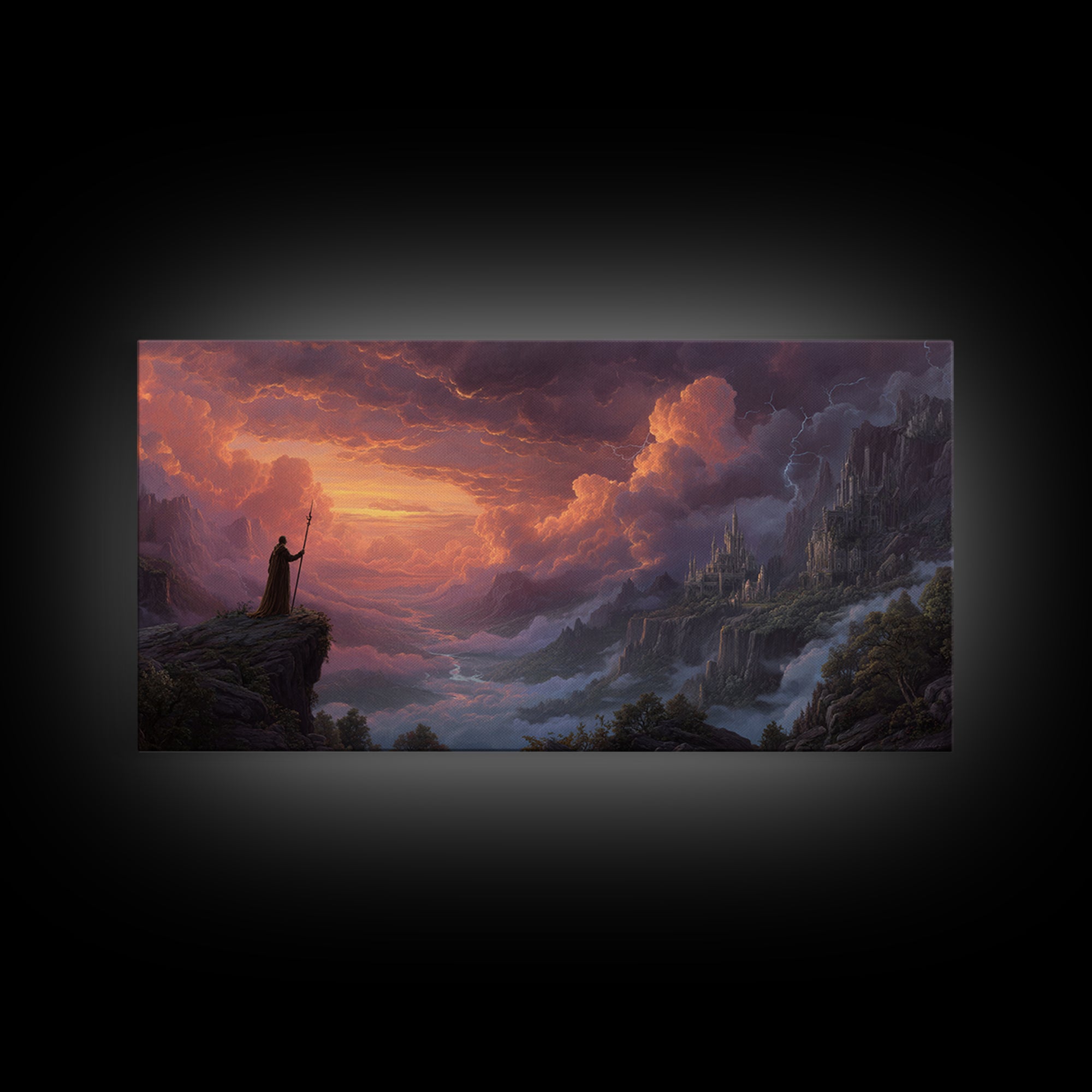 Cloaked Wizard Over Misty Castle Valley Framed Canvas Print, Fantasy Landscape Wall Art, Gothic Mountain Decor, Epic Artwork