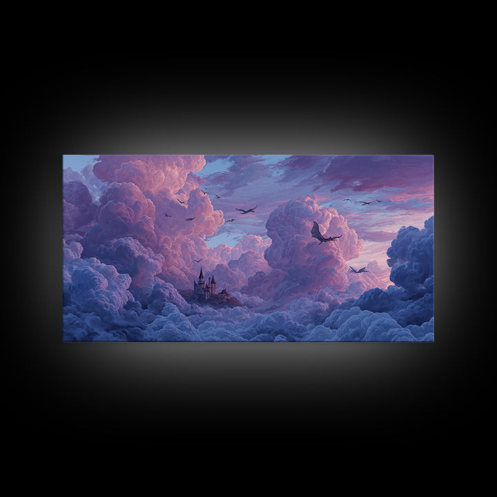 Dragons Soaring Through Lavender Clouds Canvas Print, Whimsical Fantasy Wall Art, Floating Castle Decor, Dreamy Sky Artwork