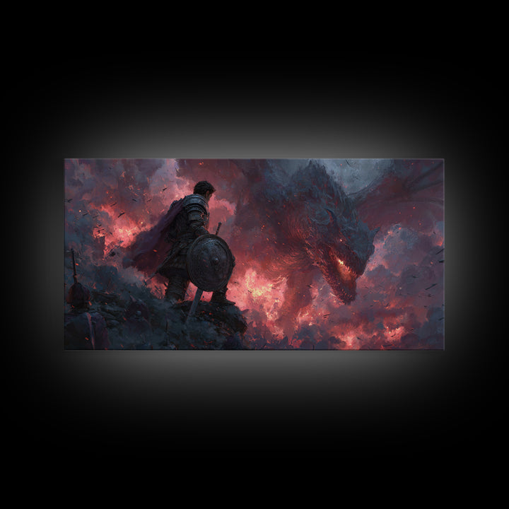 Lone Warrior Facing Shadow Dragon Framed Canvas Print, Dark Fantasy Wall Art, Gothic Battle Decor, Epic Medieval Artwork