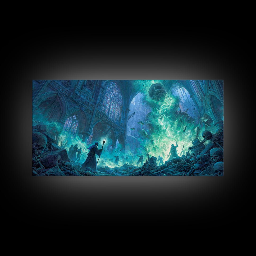 Gothic Cathedral Necromancer With Skulls Wall Art, Dark Fantasy Canvas Print, Occult Decor, Gamer Room, Spooky Gift For Halloween Decor