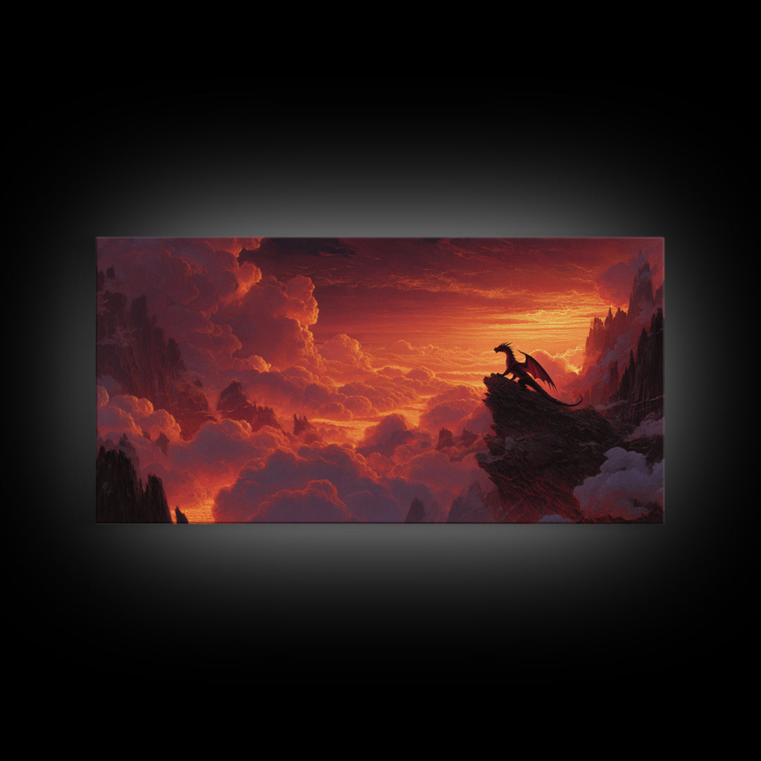 Lone Dragon On Cliff At Fiery Sunset Wall Art, Epic Fantasy Landscape, Medieval Castle Decor, Dramatic Canvas Print Gift