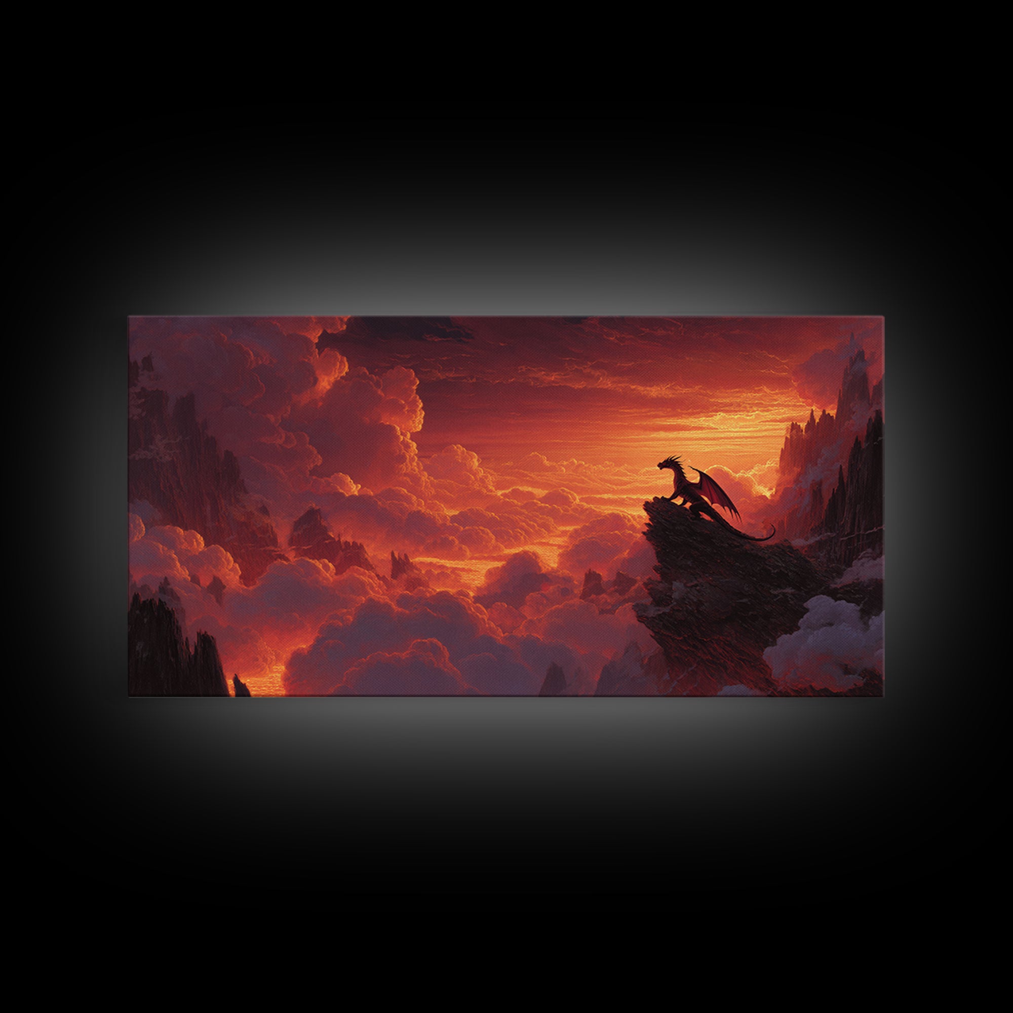 Lone Dragon On Cliff At Fiery Sunset Wall Art, Epic Fantasy Landscape, Medieval Castle Decor, Dramatic Canvas Print Gift