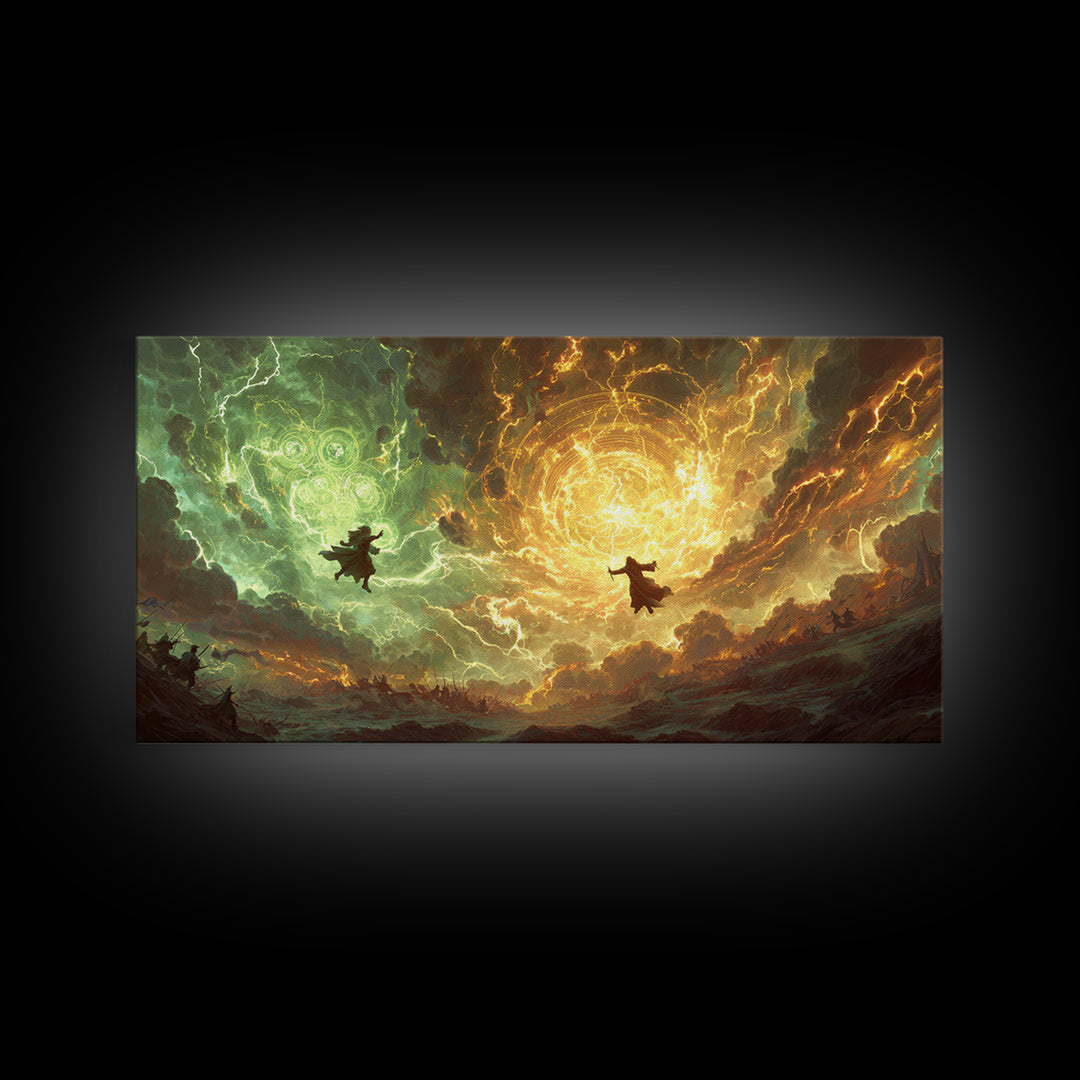 Soaring Wizards And Golden Magic Portal Wall Art, Mystical Fantasy Landscape, Spellcaster Canvas Print, Gaming Room Decor