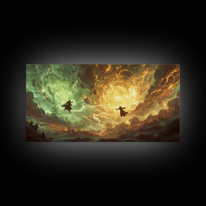Soaring Wizards And Golden Magic Portal Wall Art, Mystical Fantasy Landscape, Spellcaster Canvas Print, Gaming Room Decor