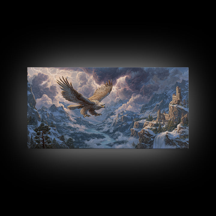 Giant Eagle Over Snowy Mountain Castle Framed Canvas Print, Epic Fantasy Landscape Wall Art, Wildlife Decor, Gift For Him
