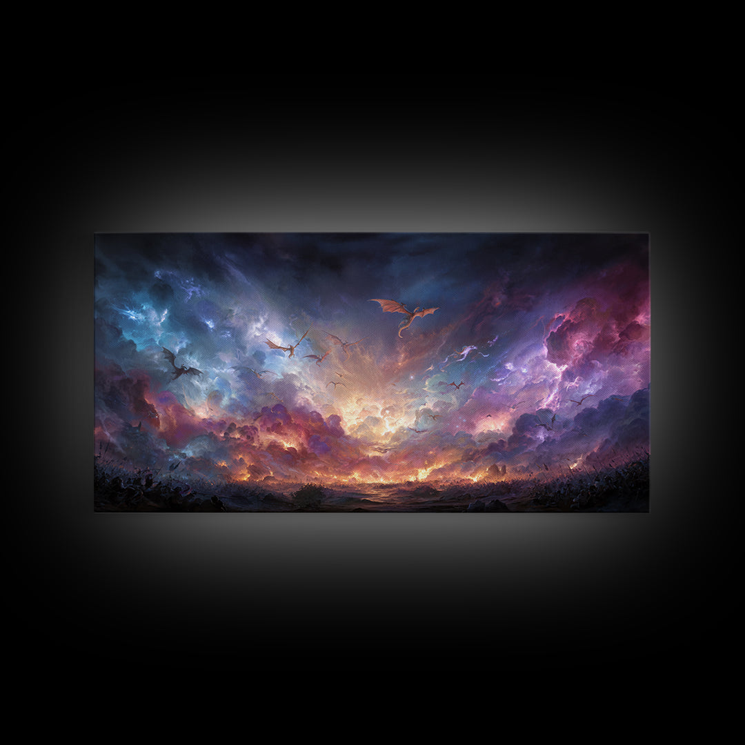 Dragons Flying Through Stormy Cosmic Sky Wall Art, Dark Fantasy Landscape Canvas Print, Surreal Decor, Gamer Room Art, Moody Wall Decor