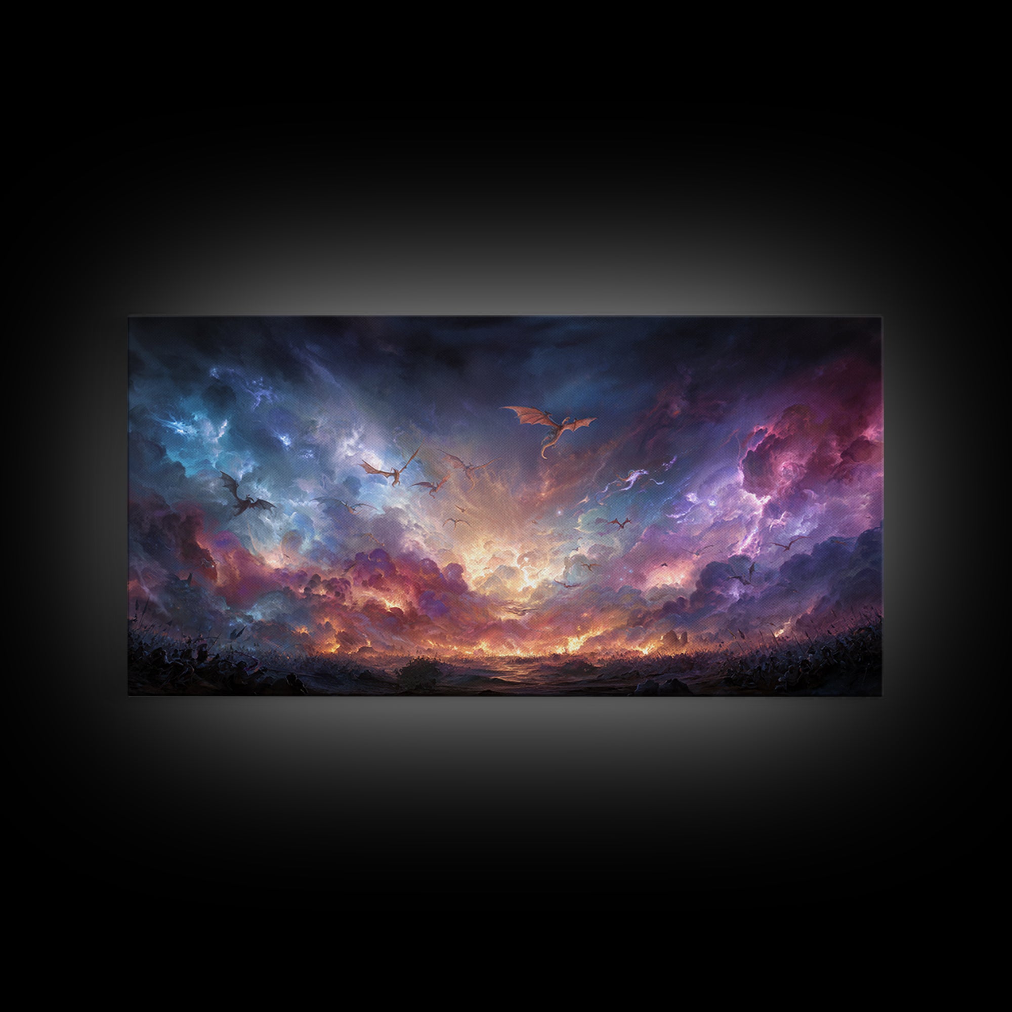 Dragons Flying Through Stormy Cosmic Sky Wall Art, Dark Fantasy Landscape Canvas Print, Surreal Decor, Gamer Room Art, Moody Wall Decor