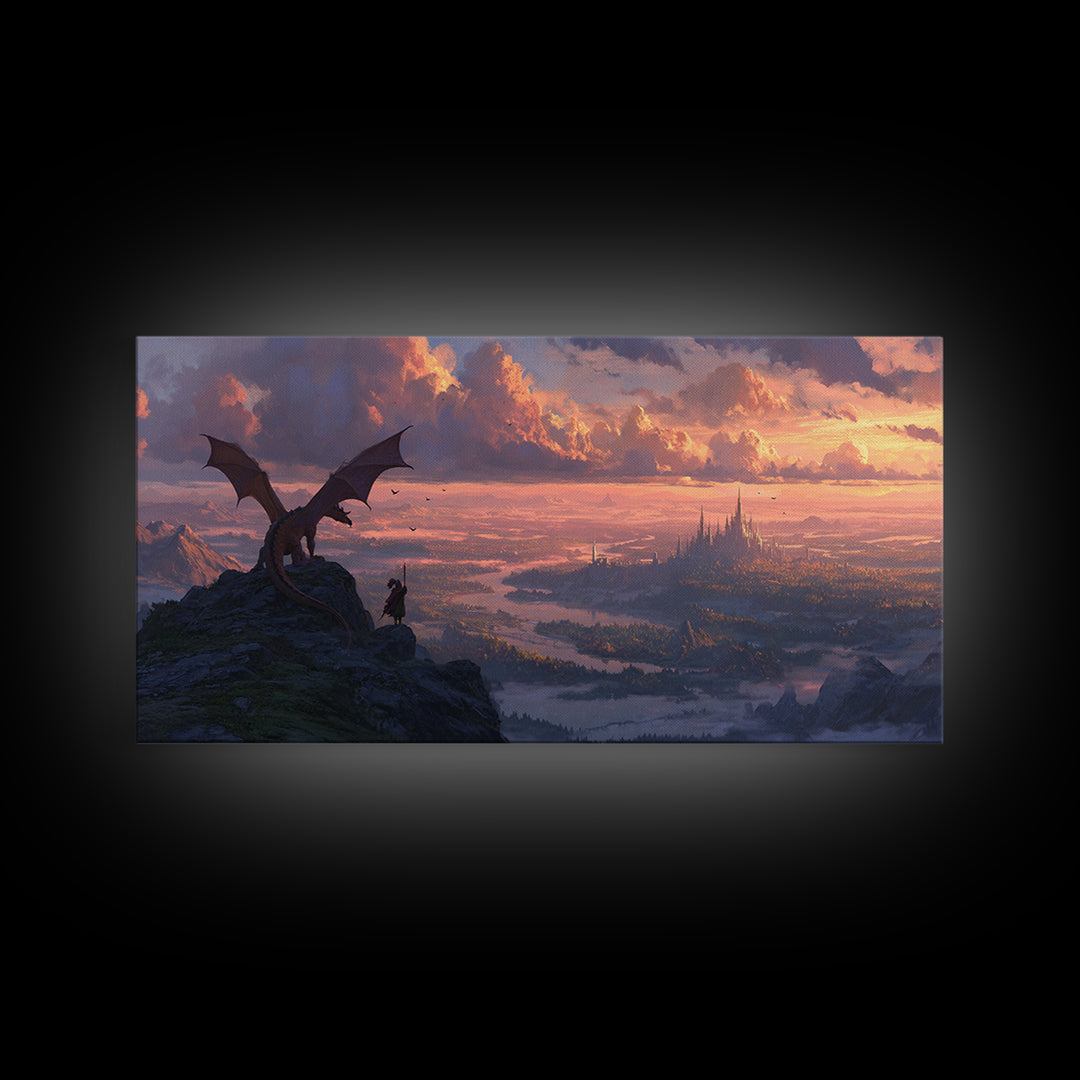 Dragon Rider Over Vast Castle City At Sunset Wall Art, Epic Fantasy Landscape Canvas Print, Medieval Decor, Gift For Gamer