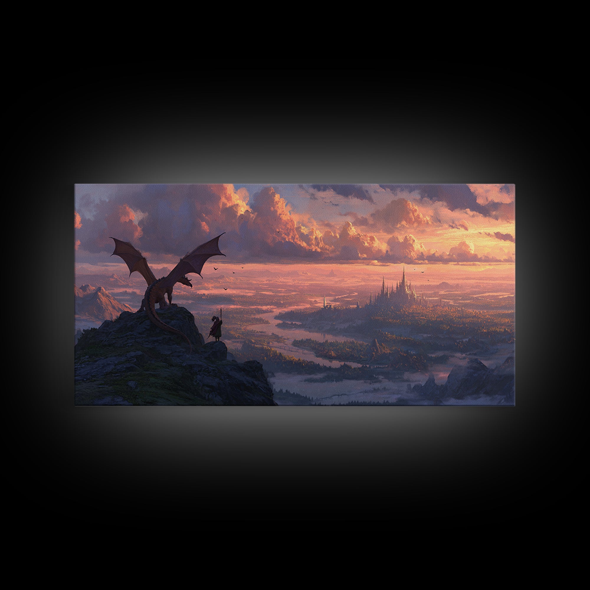 Dragon Rider Over Vast Castle City At Sunset Wall Art, Epic Fantasy Landscape Canvas Print, Medieval Decor, Gift For Gamer