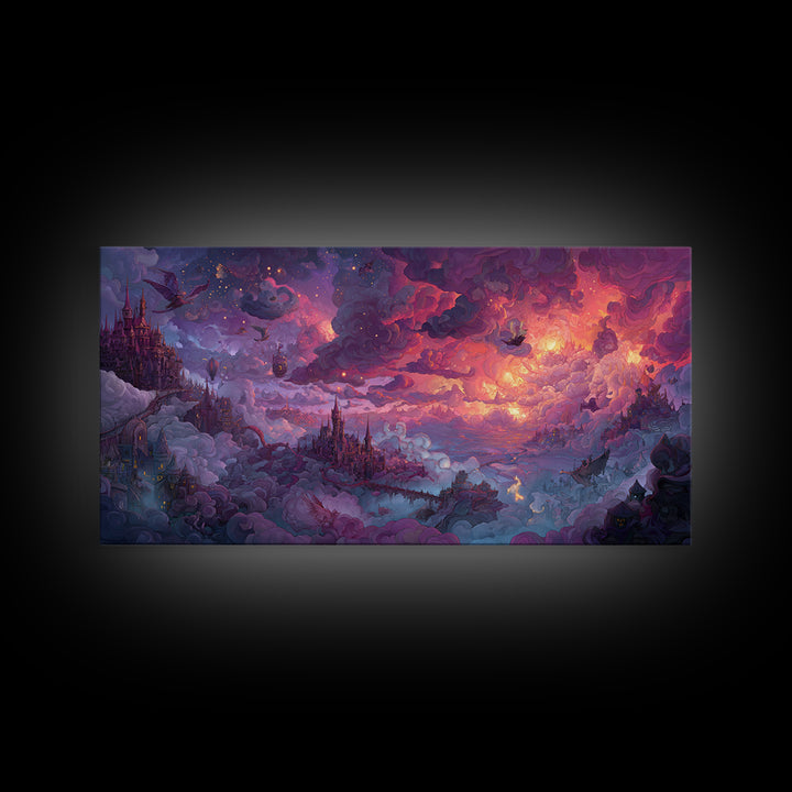 Cloud Kingdom Castles In Pink Twilight Wall Art, Whimsical Fantasy Landscape Canvas Print, Dreamy Nursery Decor, Gift For Kids Room
