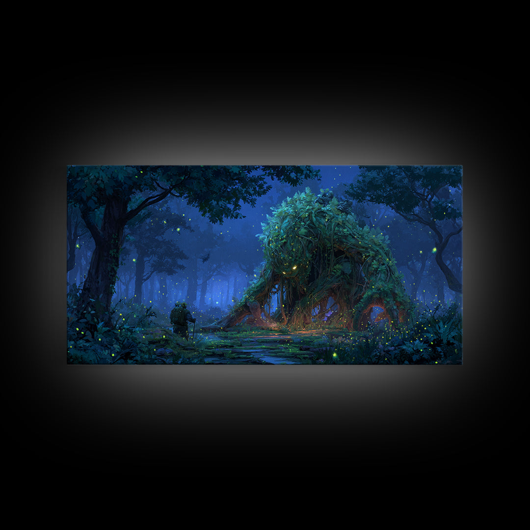Glowing Forest Spirit Beneath Starry Trees Wall Art, Whimsical Fantasy Canvas Print, Woodland Nursery Decor, Nature Gift