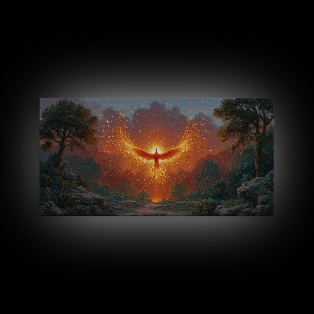 Glowing Phoenix Spirit In Enchanted Forest Wall Art, Fantasy Landscape Canvas, Mystical Home Decor, Magical Gift For Her
