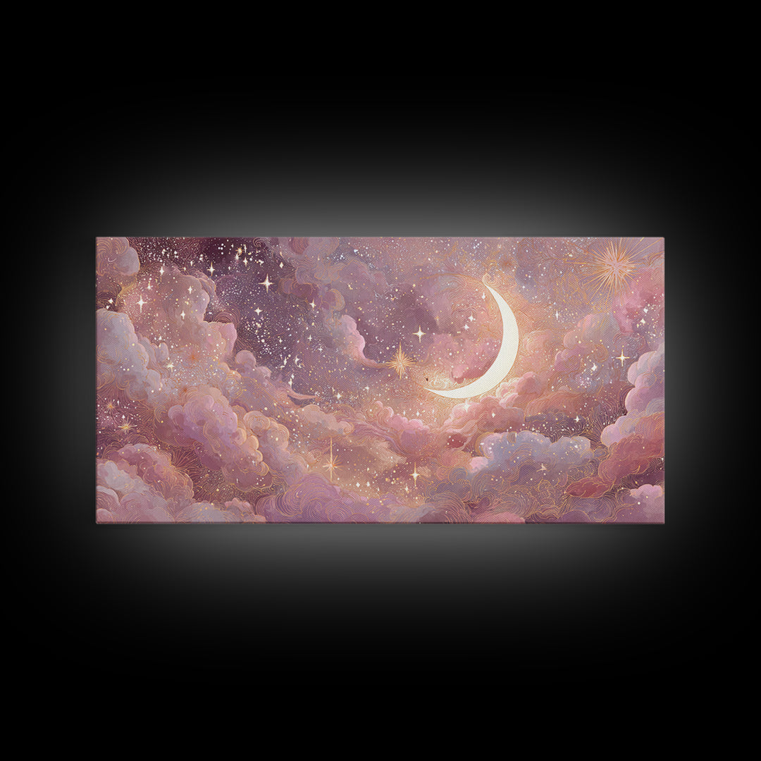 Pastel Crescent Moon And Starry Cloud Wall Art, Celestial Art Print, Whimsigoth Decor, Nursery Room Wall Decor, Gift For Her