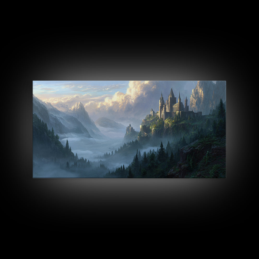 Misty Mountain Castle Above Forest Valley Framed Canvas Print, Fantasy Landscape Wall Art, Large Medieval Home Decor Housewarming Gift