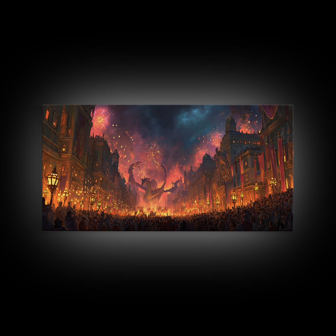 Fiery Dragon Festival In Grand City Wall Art, Dark Fantasy Canvas Print, Maximalist Decor, Gaming Room Poster Gift For Him