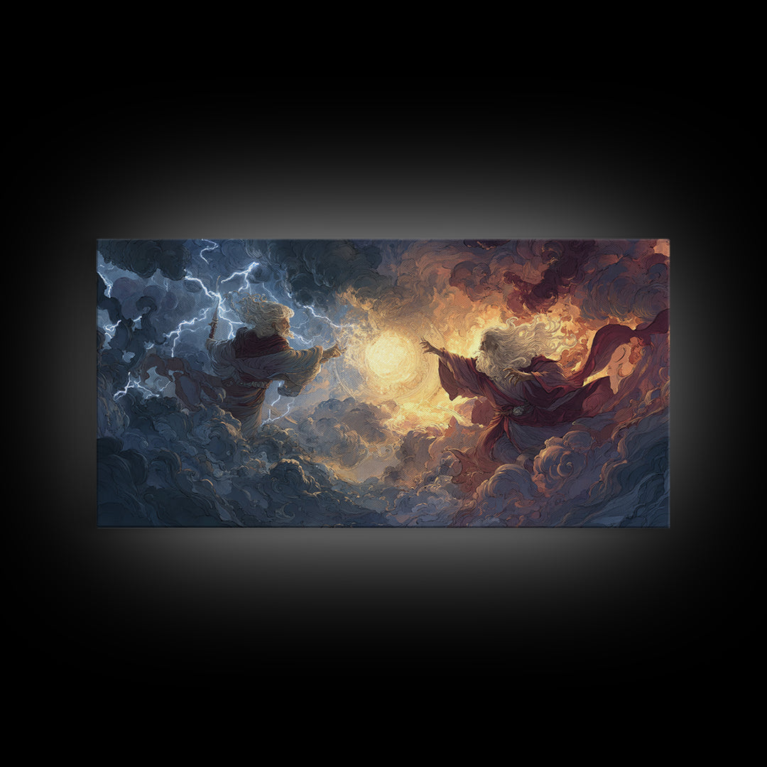 Storm Wizards Casting Light In Celestial Clouds Canvas Print, Fantasy Wall Art, Mystical Decor, Dramatic Surreal Art Gift