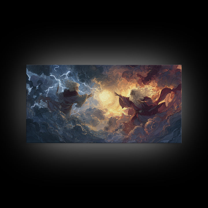 Storm Wizards Casting Light In Celestial Clouds Canvas Print, Fantasy Wall Art, Mystical Decor, Dramatic Surreal Art Gift